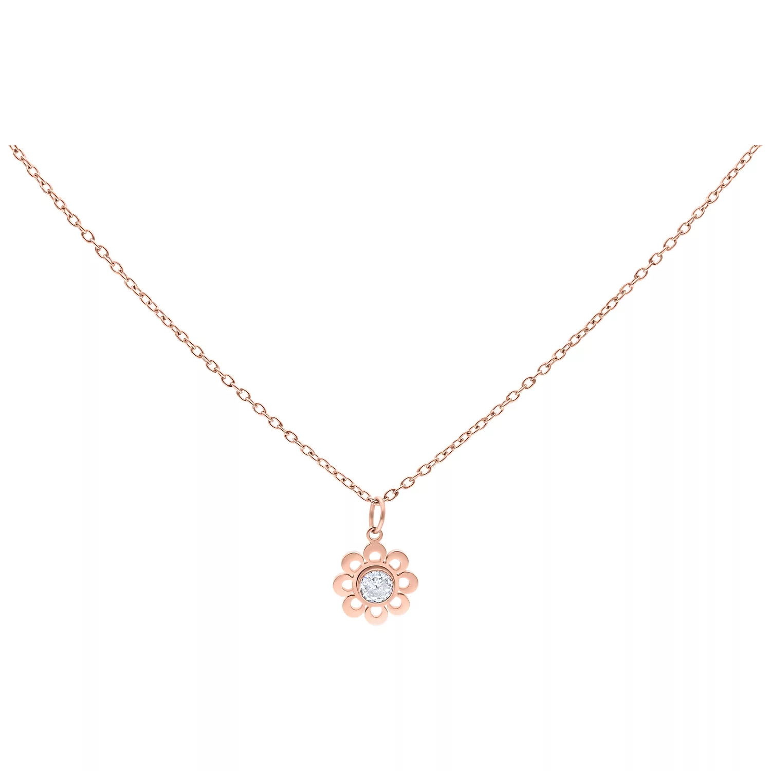 Roségoldene Kette mit Blütenanhänger und klarem Kristall auf weißem Hintergrund