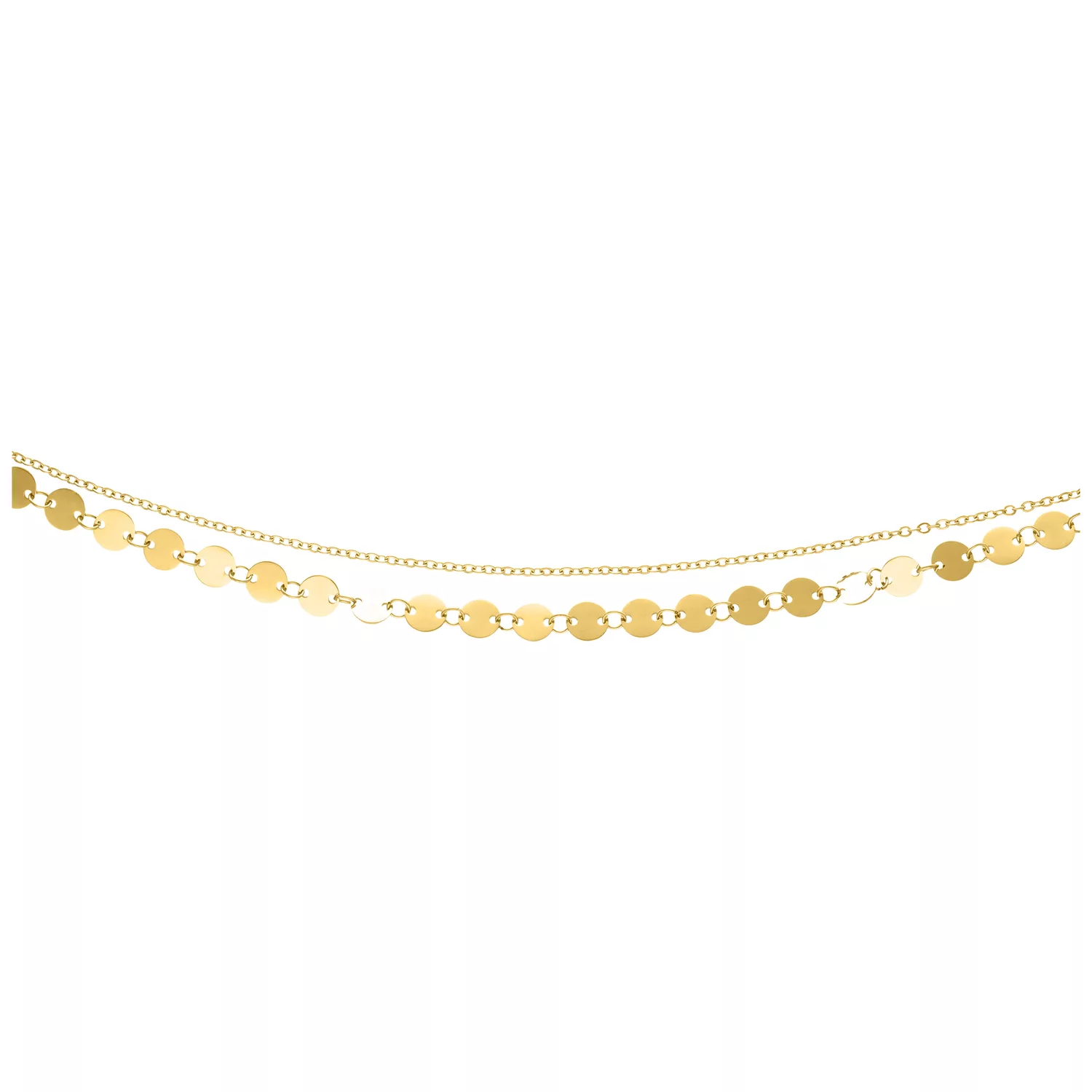 Goldene, mehrlagige Fußkette mit verstellbarer Länge auf weißem Hintergrund