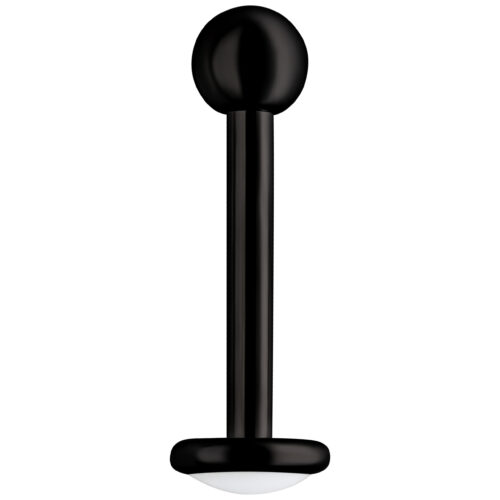 Schwarzes Labret Piercing aus Titan mit Außengewinde auf weißem Hintergrund