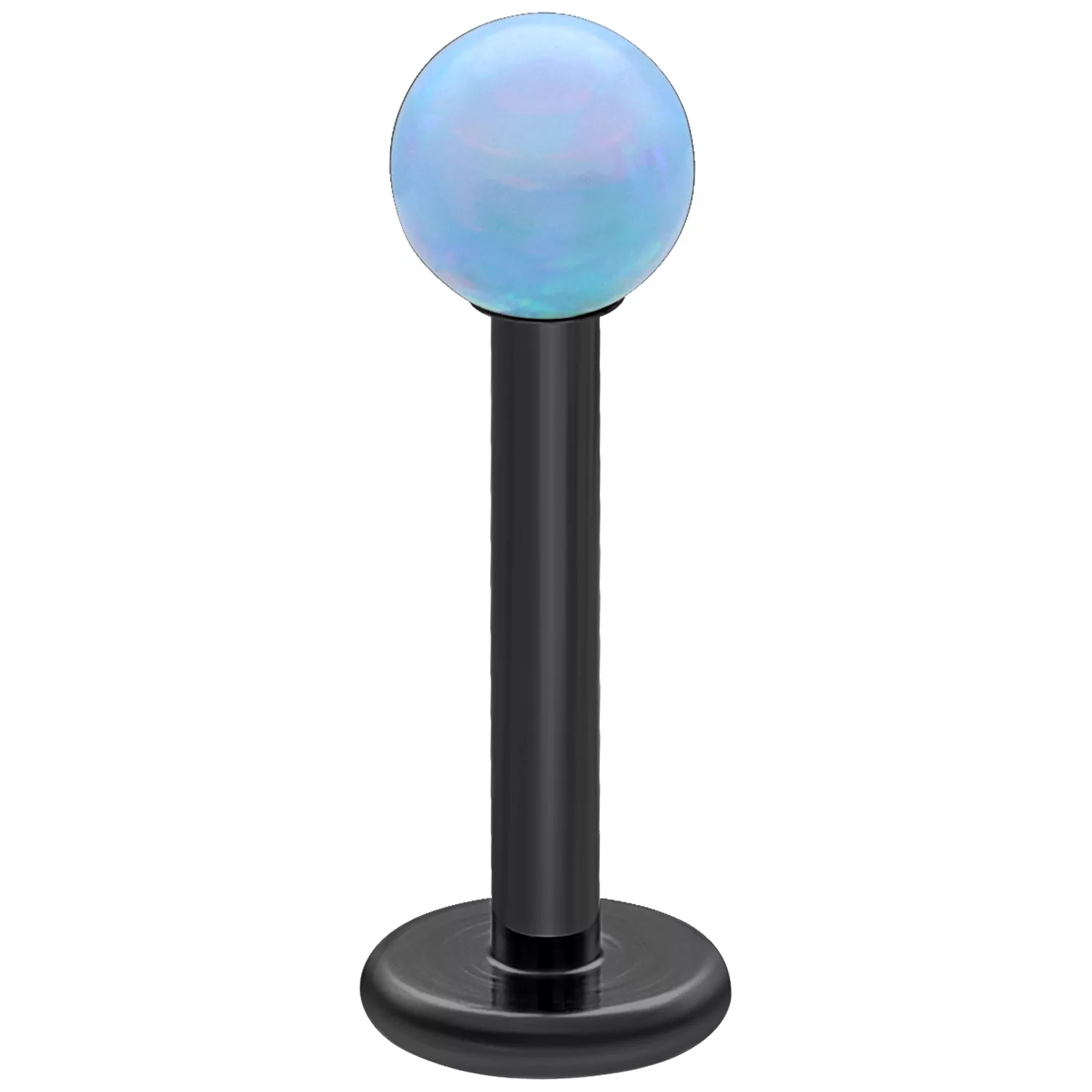 Schwarzes Titan-Labret mit hellblauer Opalkugel auf weißem Hintergrund