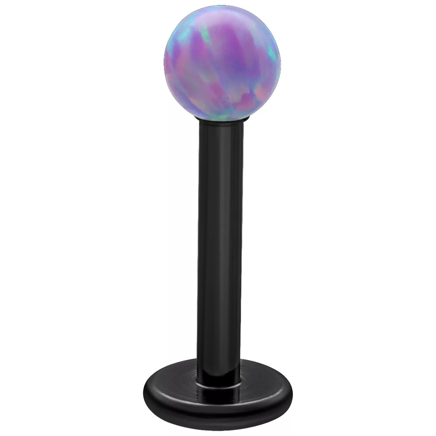 Schwarzes Titan Labret mit Light Periwinkel Opal Kugel auf weißem Hintergrund