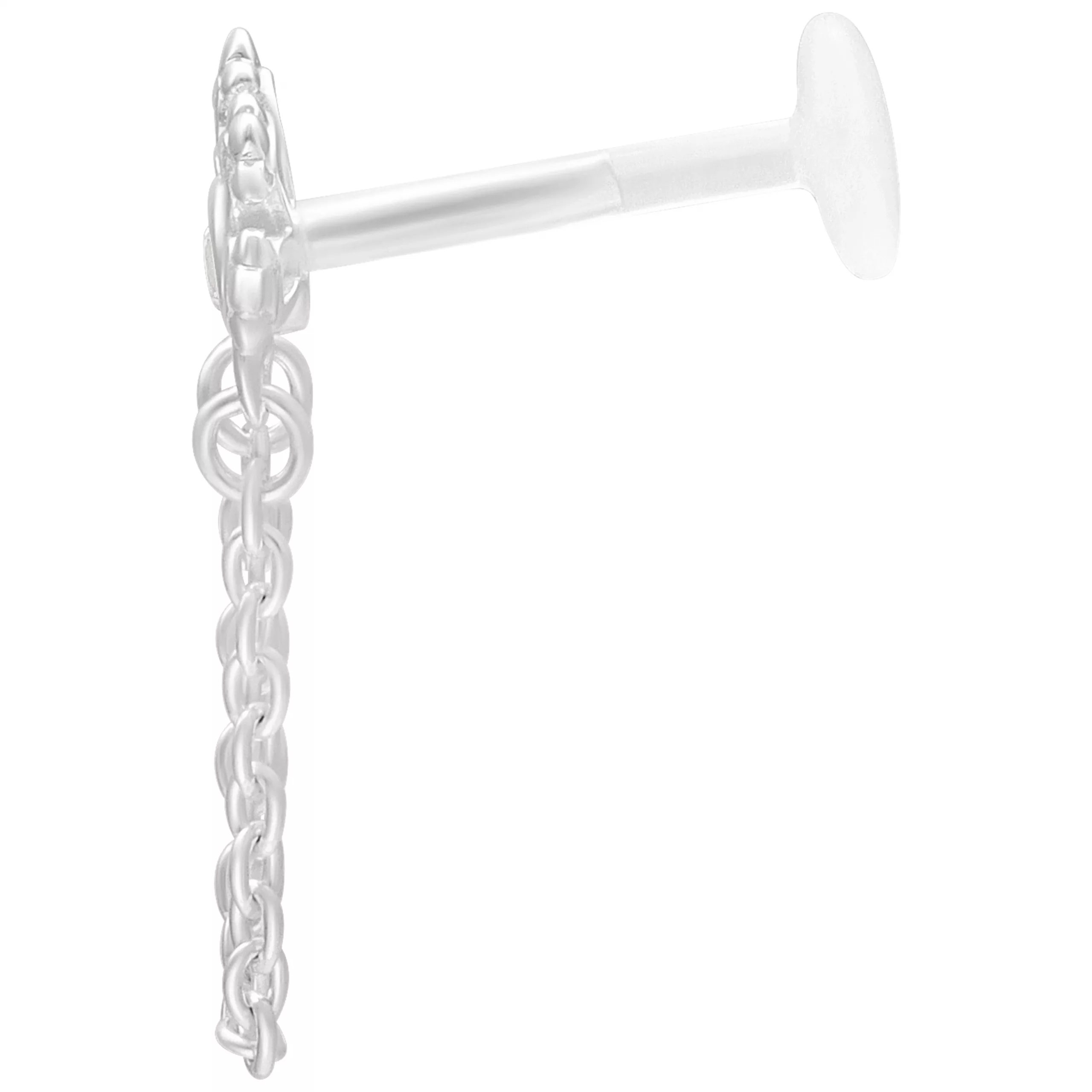 Silberfarbenes Labret mit Kristallaufsatz und Kettendetail vor weißem Hintergrund