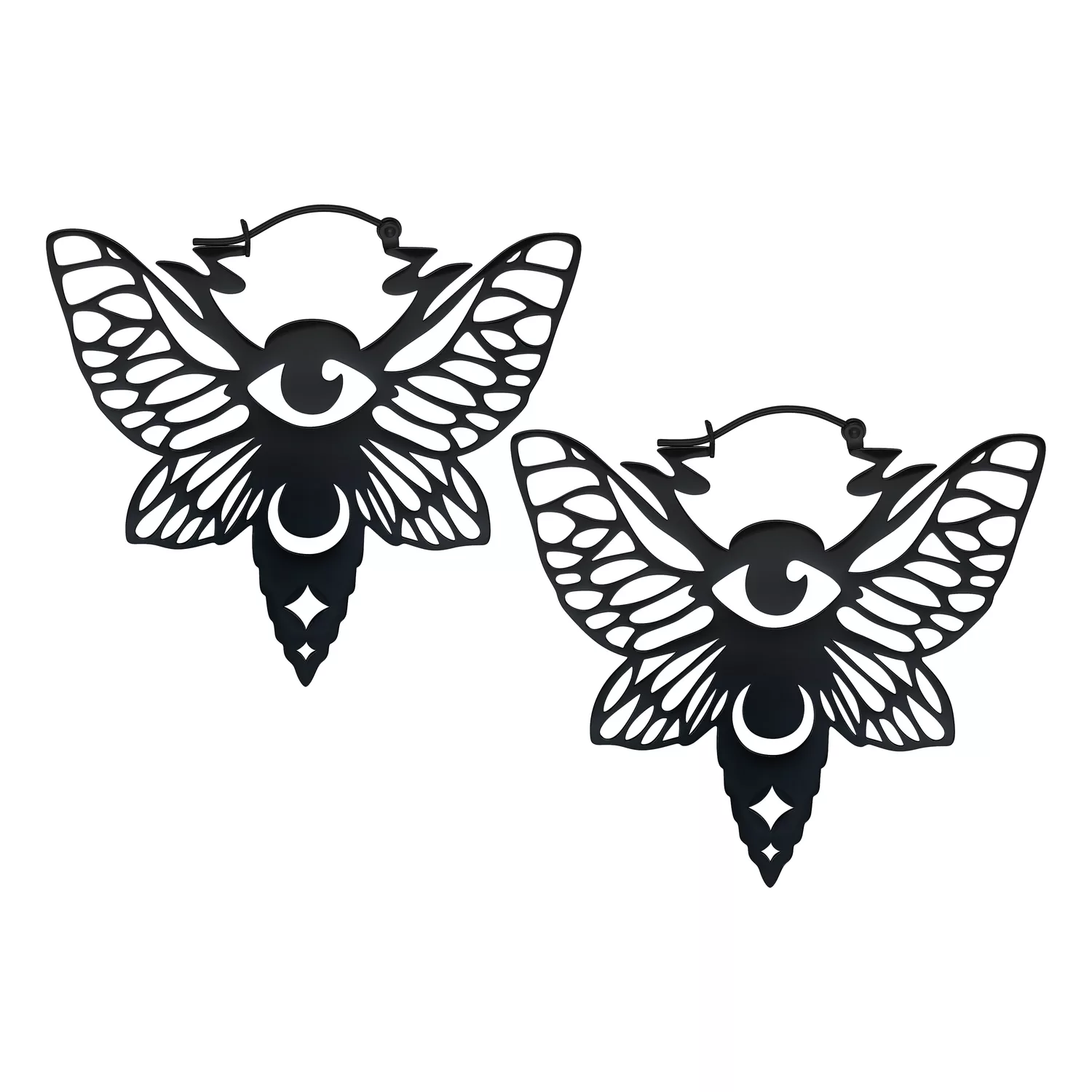 Schwarze Moth Hoops Ohrringe mit Flügel- und Augendesign auf weißem Hintergrund
