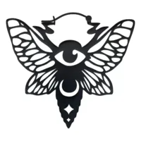 Schwarze Ohrringe in Schmetterlingsform mit Auge und Halbmond auf weißem Hintergrund