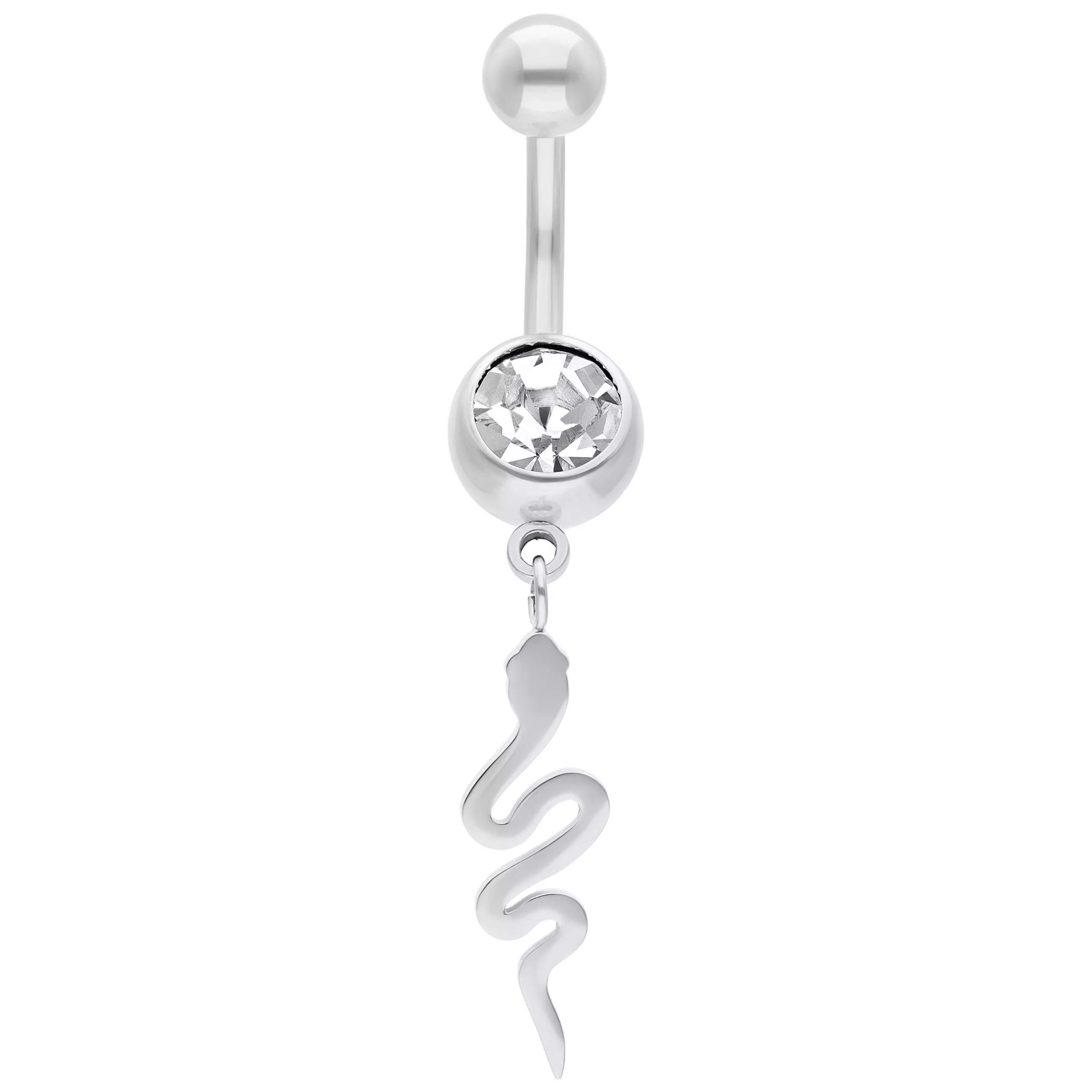 Bauchnabelpiercing aus Silber mit Kristall und Schlangenanhänger auf weißem Hintergrund
