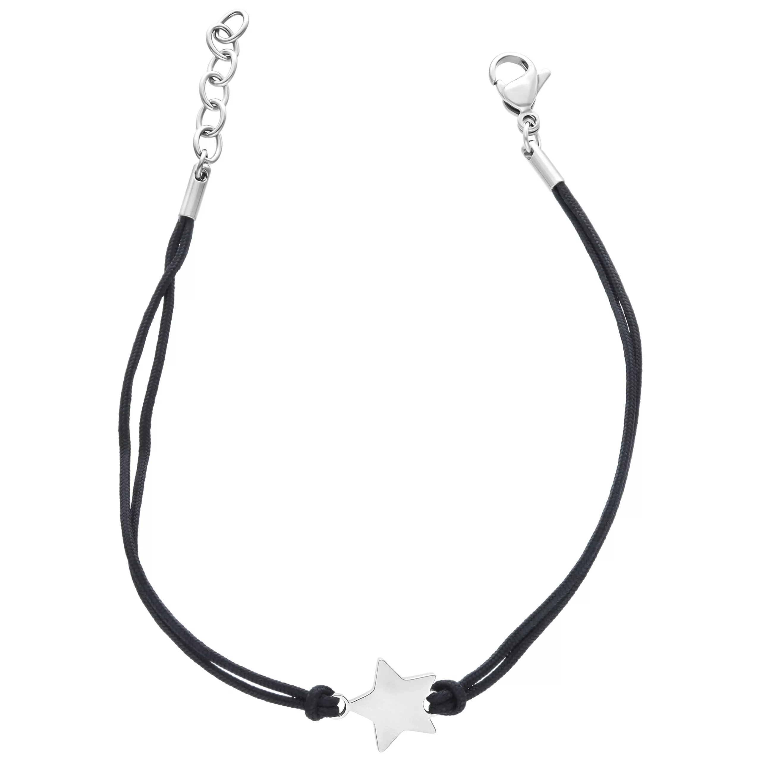 Schwarzes Nylonarmband mit silbernem Sternanhänger auf weißem Hintergrund