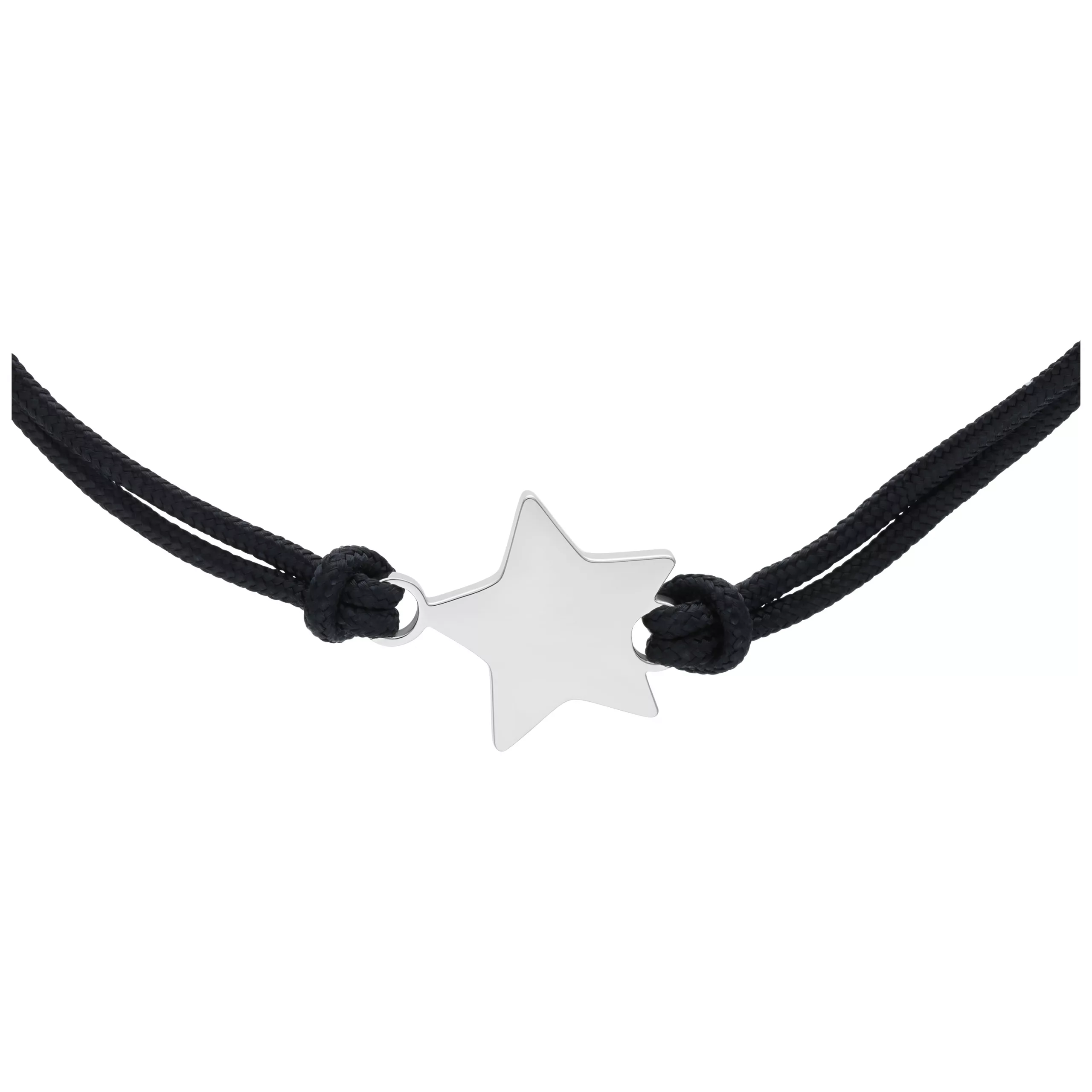 Schwarzes Nylonarmband mit silbernem Stern auf weißem Hintergrund