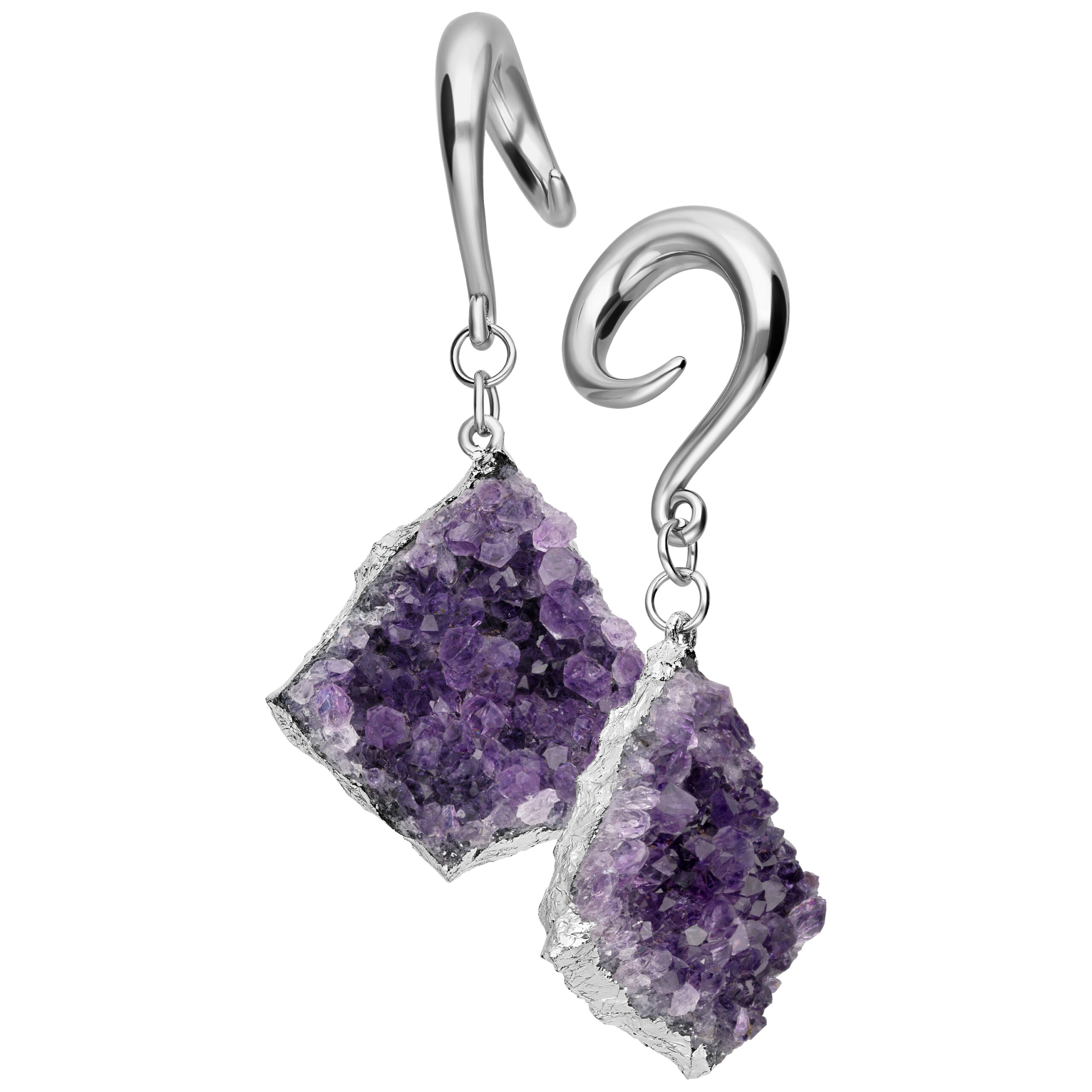 Silberne Ohrgewichte mit lila Amethystkristallen, Studiohintergrund