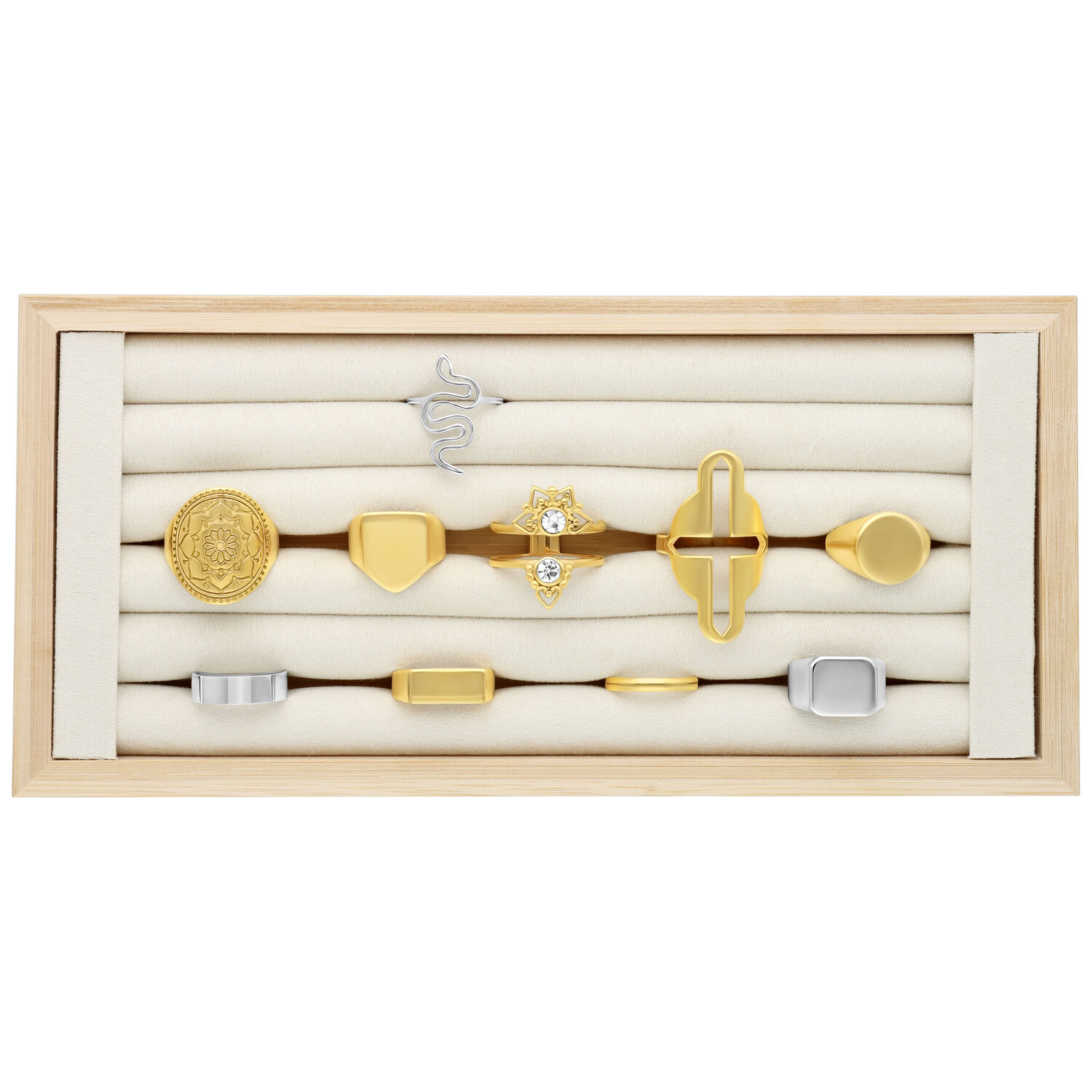 Schwarzer Ring Display aus Holz mit mehreren Ringen auf beigem Hintergrund